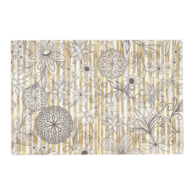 Cute Girly Gray Floral Doodles Gold Stripes Design Placemat (Front)