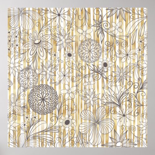 Cute Girly Gray Floral Doodles Gold Stripes Design Poster