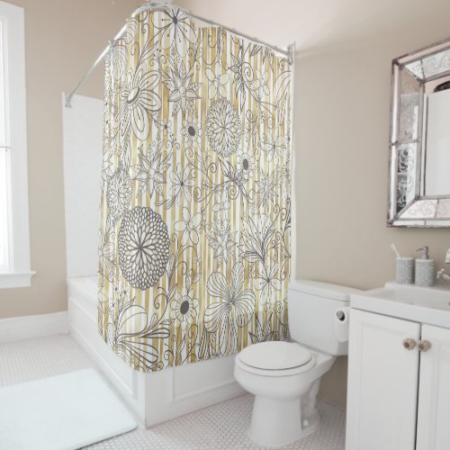 Cute Girly Gray Floral Doodles Gold Stripes Design Shower Curtain