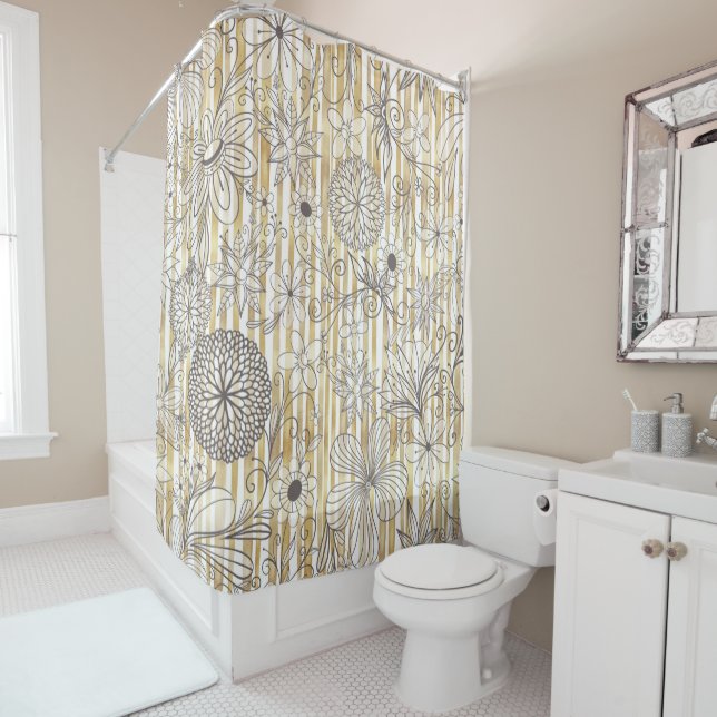 Cute Girly Gray Floral Doodles Gold Stripes Design Shower Curtain (In Situ)