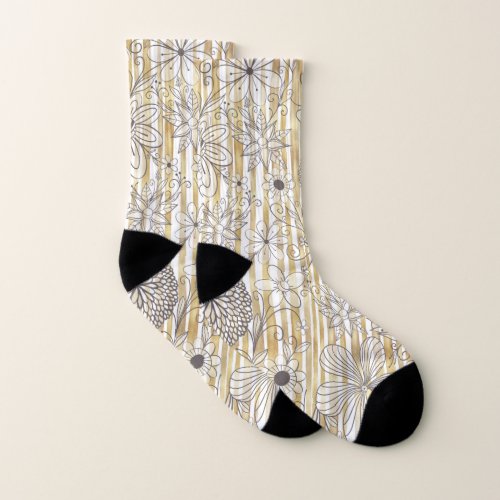 Cute Girly Gray Floral Doodles Gold Stripes Design Socks