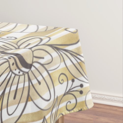 Cute Girly Gray Floral Doodles Gold Stripes Design Tablecloth