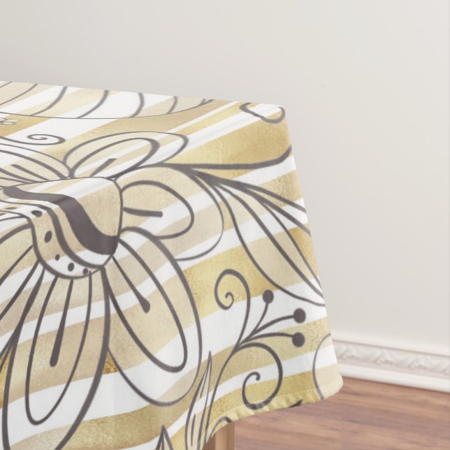 Cute Girly Gray Floral Doodles Gold Stripes Design Tablecloth (In Situ)