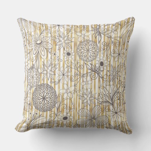 Cute Girly Gray Floral Doodles Gold Stripes Design Throw Pillow