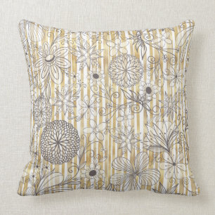 Cute Girly Gray Floral Doodles Gold Stripes Design Throw Pillow