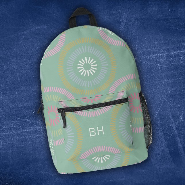 Cute Girly Green and Pink Monogram Initials Printed Backpack (Creator Uploaded)
