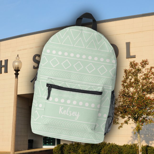 Cute Girly Green Mudcloth Monogram Name Printed Backpack (Creator Uploaded)