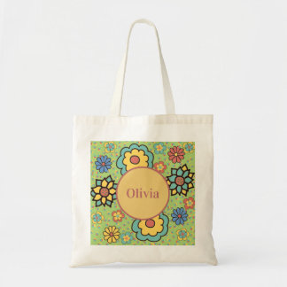 Cute Girly Green Yellow Blue Boho Flowers Tote Bag
