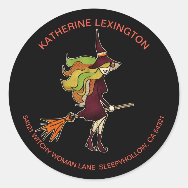 Cute Girly Halloween Witch Broomstick Address Classic Round Sticker (Front)