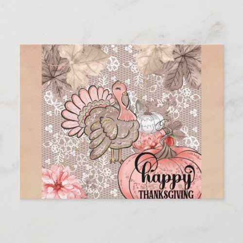 Cute Girly Happy Thanksgiving Turkey Postcard