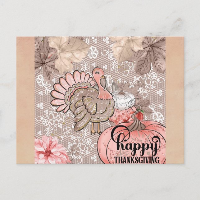 Cute Girly Happy Thanksgiving Turkey Postcard (Front)