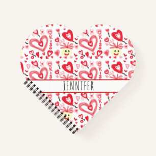 Cute Girly Heart Doodle Red Pink Personalized Notebook