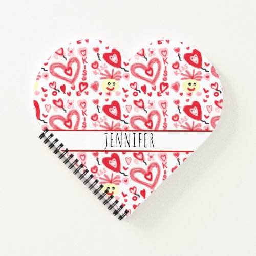 Cute Girly Heart Doodle Red Pink Personalized Notebook