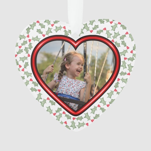 Cute Girly Heart Photo Holly Leaves Christmas Ornament (Front)
