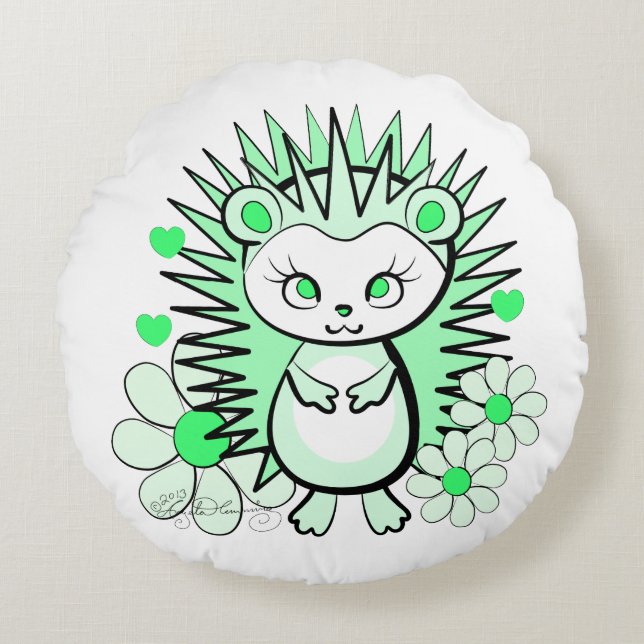 Cute Girly Hedgehog Green Round Pillow (Front)