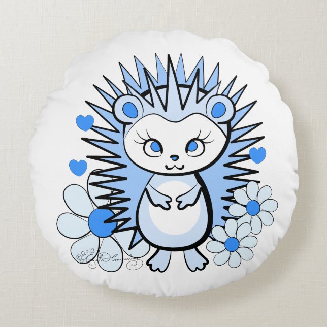 Cute Girly Hedgehog Lt Blue Round Pillow (Front)