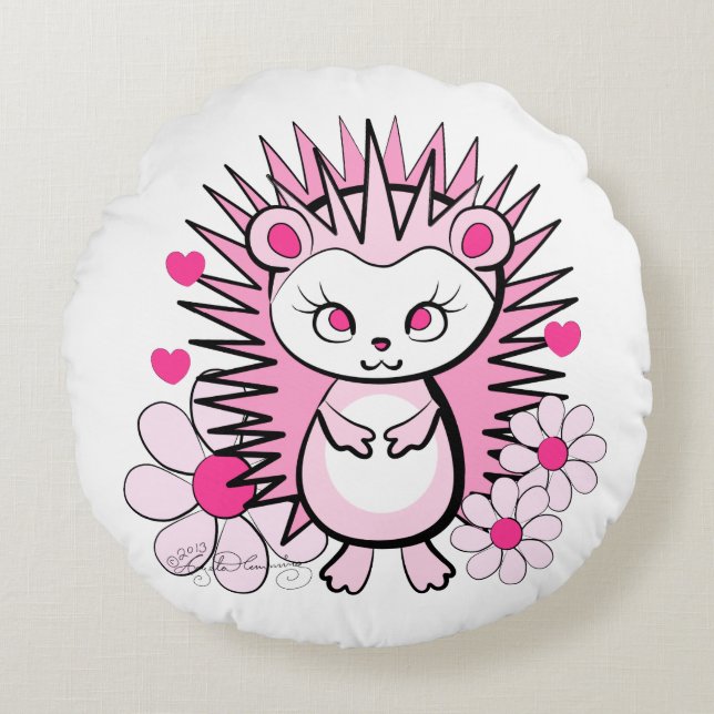 Cute Girly Hedgehog Pink Round Pillow (Front)
