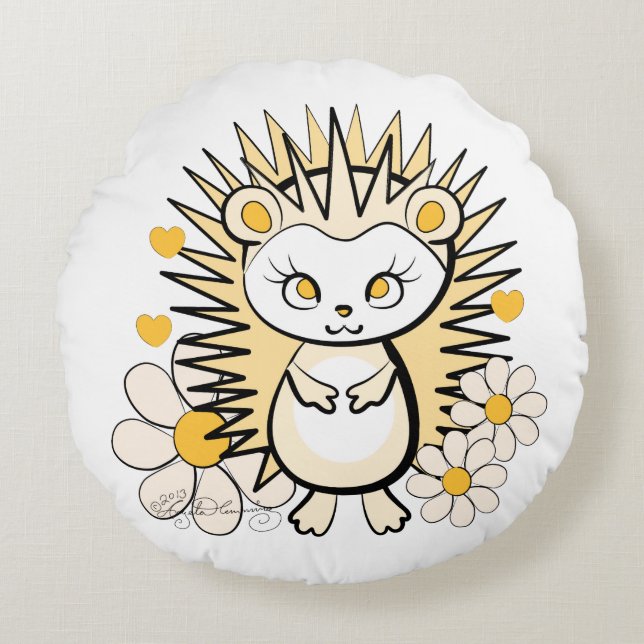Cute Girly Hedgehog Yellow Round Pillow (Front)