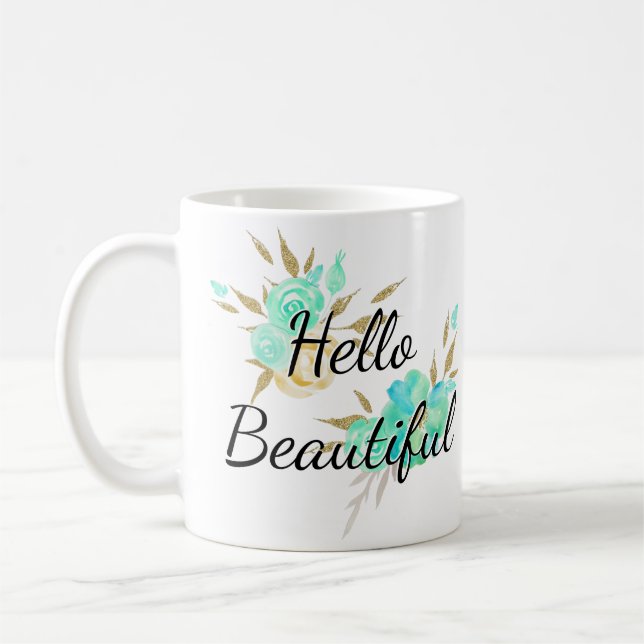 Cute Girly Hello Beautiful Gold & Blue Floral Coffee Mug (Left)