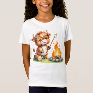 Cute Girly Highland Cow Camping Smores T-Shirt