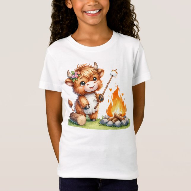 Cute Girly Highland Cow Camping Smores T-Shirt (Front)