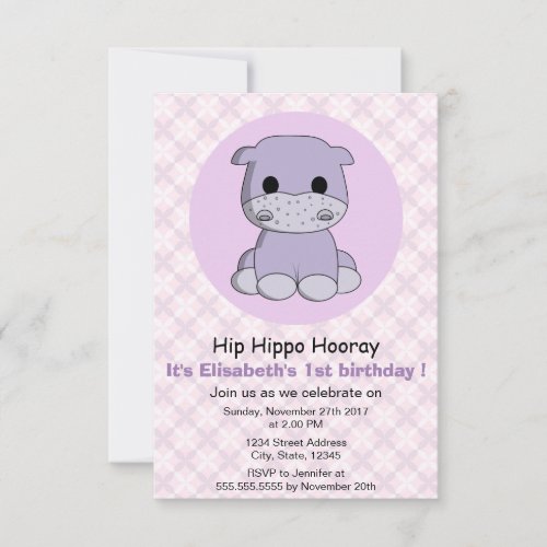 Cute girly hippo purple girl kids birthday party invitation