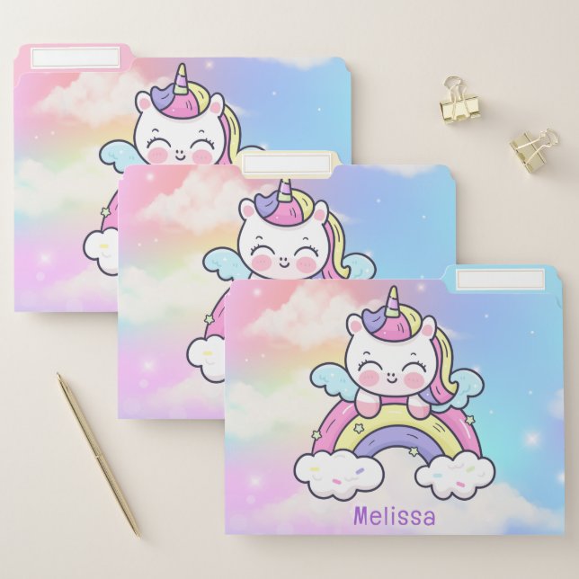 Cute Girly Holographic Kawaii Rainbow Unicorn File Folder (Set)