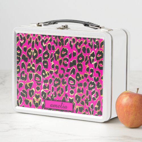 Cute Girly Hot Pink Black Gold Leopard Print Metal Lunch Box