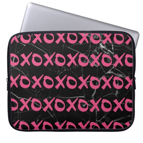 Cute girly hot pink black marble xoxo hugs kisses laptop sleeve