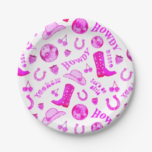 Cute Girly Hot Pink Disco Cowgirl Aesthetic Paper Plates