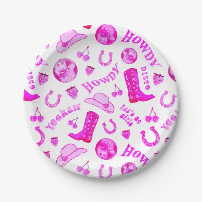 Cute Girly Hot Pink Disco Cowgirl Aesthetic Paper Plates (Front)