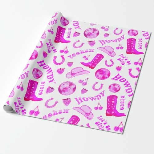 Cute Girly Hot Pink Disco Cowgirl Aesthetic Wrapping Paper