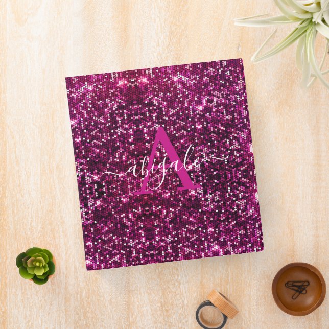 Cute Girly Hot Pink Glitter Sequins Monogrammed 3 Ring Binder (In Situ)
