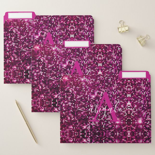 Cute Girly Hot Pink Glitter Sequins Monogrammed File Folder (Set)