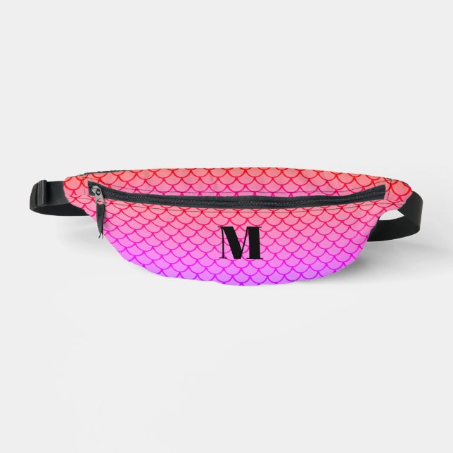 Cute Girly Hot Pink Mermaid Scales Ombre Monog Fanny Pack (Front)