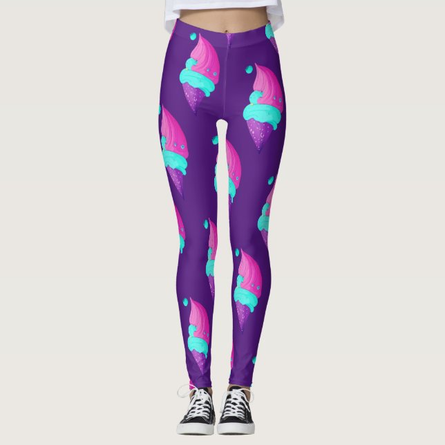 Cute Girly Hot Pink Purple Ice Cream Cone Pattern  Leggings (Front)
