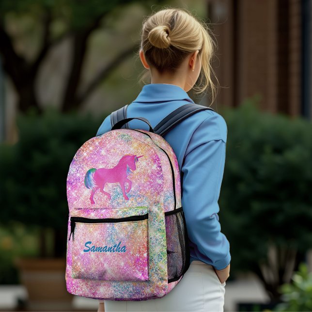 Cute girly hot Pink Rainbow unicorn Glitter  Printed Backpack (Creator Uploaded)