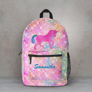 Cute girly hot Pink Rainbow unicorn Glitter Printed Backpack