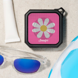 Cute Girly Hot Pink Retro Floral Daisy Monogrammed Bluetooth Speaker