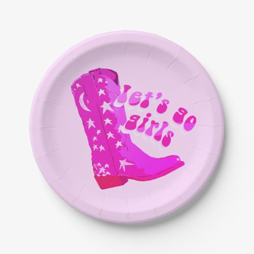 Cute Girly Hot Pink Rodeo Disco Cowgirl Boot Paper Plates