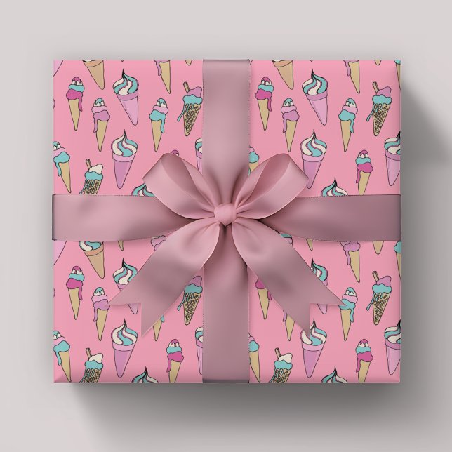 Cute Girly Ice Cream Cone Pattern Wrapping Paper Sheets (Pink Ice Cream wrapping paper sheets. Matching items available.)