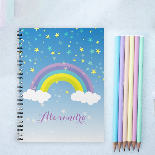 Cute Girly Illustrated Colorful Rainbow and Stars Notebook