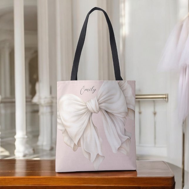 Cute Girly Ivory White Bow on Pink Tote Bag (Personalize this feminine tote with your name.)