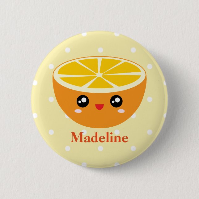 Cute Girly Kawaii Happy Sweet Orange Custom Name Button (Front)