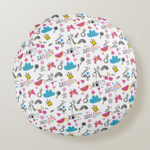 Cute Girly Kids Unicorn Rainbow Butterflies Hearts Round Pillow