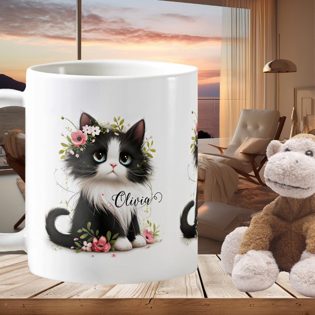 Cute Girly Kitten Gifts for Kids Mug (Cute mug featuring an illustration with a kitten with flowers. Lovely for a girl.)