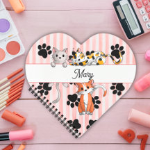 Cute girly Kittens & paws, red striped heart shape