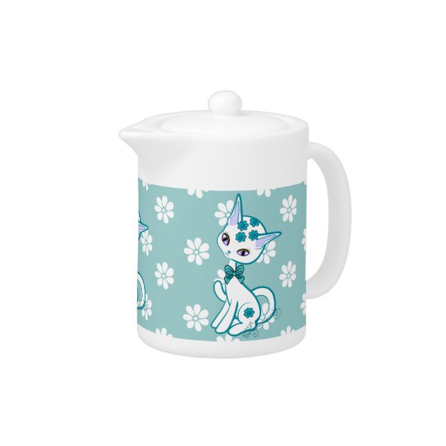 Cute girly Kitty Cat Aqua Blue~ Teapot (Right)