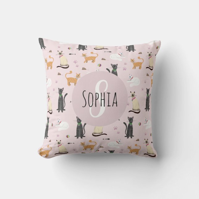 Cute Girly Kitty Cat Pattern Monogram Name Kids Throw Pillow (Front)