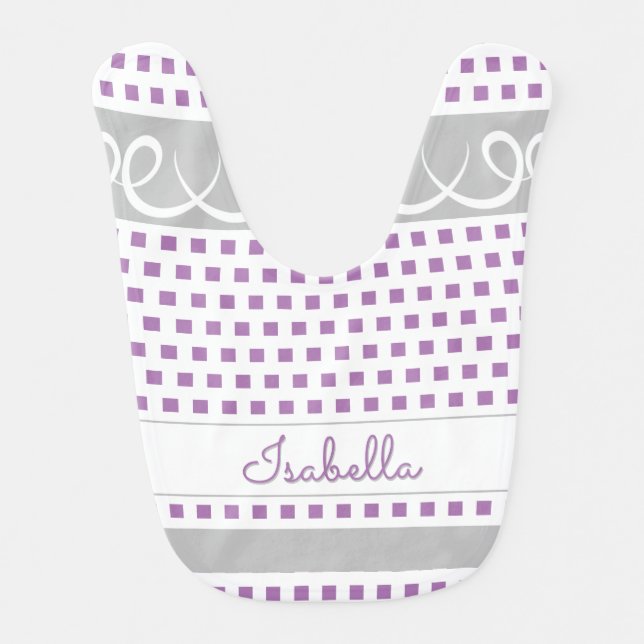 Cute Girly Lavender Squares with Swirls Name Baby Bib (Front)